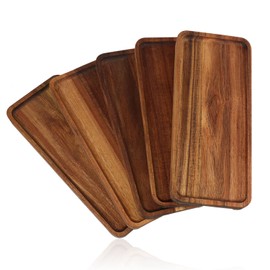 Wooden Serving Platter, 9.8 x 5.1 Inch, Set of 5, Acacia Wood Tray, Perfect for Serving Charcuterie, Desserts, Dips, Sushi, Parties, Family Gatherings, Weddings, and Home Decor, by GNIEMCKIN.