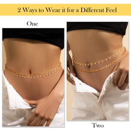 Women Fashion Gold Adjustable Buckle Waist Chain, Multi Layer Pearl Tassel Chain Metal Belts Simple Body Belly Chain Long Belt Dress Belt Costume Accessory Body Jewelry for Everyday, Party or Festival