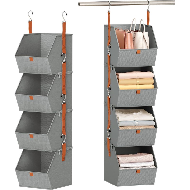 2-Pack 4-Tier Hanging Closet Organizer Shelves, Foldable Non-Woven Fabric Wardrobe