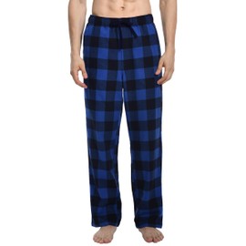 Nutria - Pantalones de pijama de franela para hombre, 100 % algodón, súper suaves, cepillados, cálidos, para invierno, con bolsillos, U06, Tartán azul y negro., XX-Large