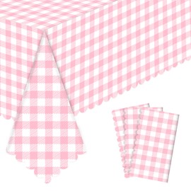 NatNarr 3 Pack Pink Gingham Tablecloths, 54 X 108Inch Disposable Spring Table Covers Plastic Pink Table Checkered Table Cloth Waterproof Pink White Tablecloths for Picnic Birthday Barbecue Parties