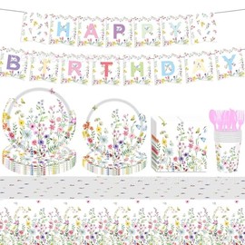 Spring Wildflower Party Decorations Tableware Set, Includes Floral Plates and Napkins for Spring Picnic Birthday Baby Shower Garden Tea Party Serves 16 (Wildflower)