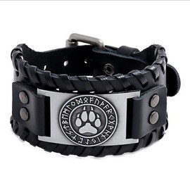 Gungneer Norse Viking Runic Bear Paw Fenrir Wolf Tree Of Life Yggdrasil Valknut Black Leather Bracelet Viking Cuff Bangle