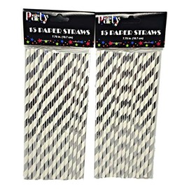 Metallic Silver Striped 15 Paper Straws – 2 Pack