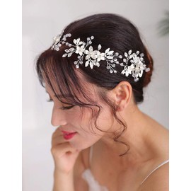 Deniferymakeup Silver Hair Piece Flower Hair Vine Bridal Floral Hair Piece Flower and Leaf Headband Rhinestones Wedding Hair Accessories for Brides