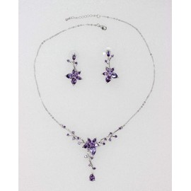 Faship Gorgeous Purple CZ Crystal Floral Necklace Earrings Set - Purple
