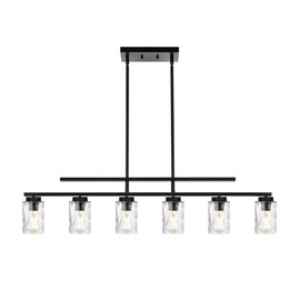 BONLICHT Black Farmhouse Chandelier for Dining Room,Modern 6-Light Linear Pendant Lighting Rectangular Farmhouse Chandelier Rustic Kitchen Island Light Fixture Over Table with Clear Hammered Glass