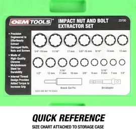 OEMTOOLS 23700 18Pc CrMo Impact Nut and Bolt Extractor Kit, Extractor Set Removes Stripped and Damaged Fasteners, 3/8” Drive Bolt Extractor Set, Impact Wrench Compatible