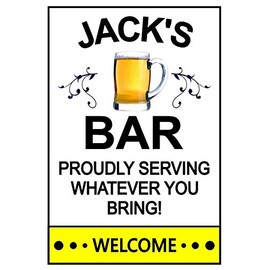 Funny Refrigerator Magnet. "Jack's Bar". Customize for any name. 3 Sizes. "Proudly Serving Whatever You Bring". Flexible. Available for quick shipping.