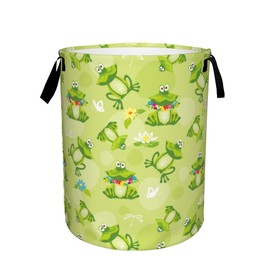 Cute Frog Laundry Basket,Green Lotus Flowers Foldable Laundry Hamper Waterproof Oxford Cloth Tote Bag,Clothes Storage Bucket Decorative Toy Organizer For Bathroom Bedroom 16" x 20"