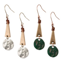 SPUNKYsoul Tribal Gold, Silver, Patina and Copper Wire Mixed Metal Boho Chic Ethnic Vintage Disc Triangle Circle Fishhook Dangle Earrings for Women Gift Jewelry Bohemian (Disc triangle 2 Pack)