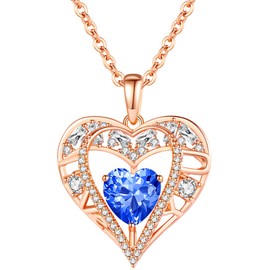 GEMMANCE 5 Heart Crystal Pendant Necklace - 925 Sterling Silver Chain - 18K Rose Gold Plated - Sapphire Blue - 18”+2” Birthstone Jewelry for Women - Gifts for Birthday, Christmas