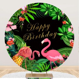 Laeacco 7.2x7.2ft Flamingo Birthday Round Backdrop Cover Summer Tropical Green Palm Leaves Pineapple Flowers Glitter Happy Birthday Arch Background Hot Pink Flamingo Birthday Party Photo Studio Props