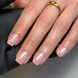 Pink Glazed Donut Press on Nails Short Square, Coral Pink Chrome Nails Press ons for Women, Aurora Glue on Nails Short Coffin, Reflective Mirror Shinny Acrylic Nails Light Weight & Fit Perfectly