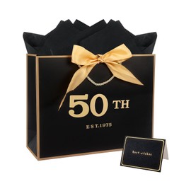 50th Birthday Gift Bag with Tissue Paper - 12.6 x 4.3 x 9.8 Inches Black 50th Gift Bag