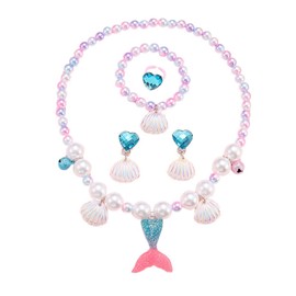 HEOXIN Girls Mermaid Jewellery Sets, Necklace Earring Bracelet Ring Set, Ocean Fishtail Pearl Shell Elasticated Cord Bell Adjustable, Jewelry Set for Toddler Little Girl Princess Dress Up, Blue