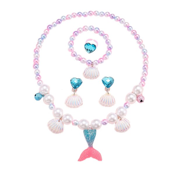 HEOXIN Girls Mermaid Jewellery Sets, Necklace Earring Bracelet Ring Set,