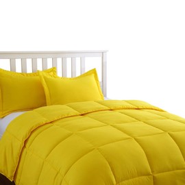 3 Pc Adorable Lemon Yellow King Size Comforter Set Heavy-Duty Box Stitched Square Pattern Soft Bedding Sets Casual Elegant Look Down Alternative Comforter All-Season Perfect Look Cozy Fluffy Comforter
