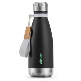 VINUR 12 oz Small Water Bottle - Kids Stainless Steel Double Wall Vacuum Insulated Water Bottle for School-Cola Shape Flask with Carry Rope(Black)