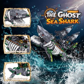 HJPLPXH Mechanical Shark Ship Building Blocks Set with Lights, The Ghost Sea Shark Pirate Ship Building Blocks Sets,Toys Gift for Kids Age 8+/Adult Collections Enthusiasts