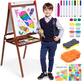 Kids Easel Kids Wooden Easel with Paper Roll - Adjustable Magnetic Double Sided Drawing Board Whiteboard & Chalkboard Dry Easel Board Children Art Easel for 3~12 Years (Walnut Color)