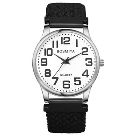 JewelryWe Braided Elastic Watch for Women Men Children Simple Analogue Quartz Wrist Watch Woven Stretch Bracelet Casual Watch with Large Numbers Dial & Gold Case for Seniors, Black-Silver-S, Dress