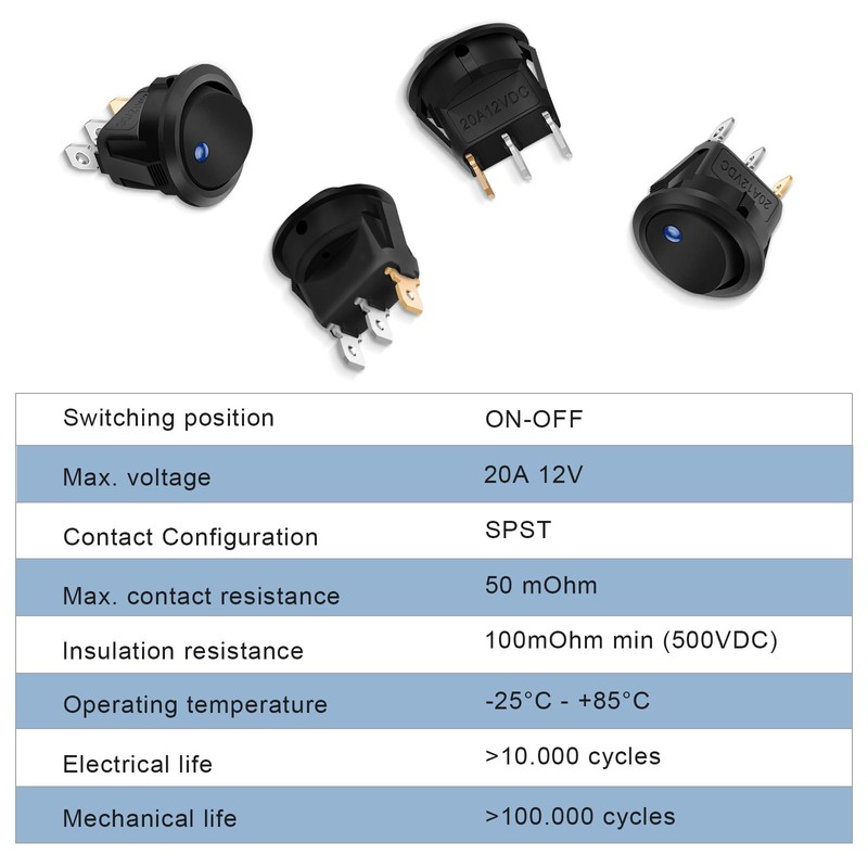 5 Pcs 12V Switch, Hanibos LED Illuminated Round Rocker Switch
