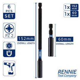 6 Piece Rennie Tool Magnetic 60mm and 152mm Professional Impact Bit Holders with 2 x 100mm Pozidriv PZ2 Screwdriver Impact Bit & 2 x 150mm Pozidriv PZ2 Screwdriver Impact Bit Heavy Duty