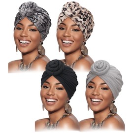 DRESHOW 4 Pack Women Turban African Pattern Knot Headwrap Beanie Pre-Tied Bonnet Chemo Cap Hair Loss Hat