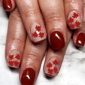 Fall Press on Nails Short Square Fake Nails with Maple Leaf Glitter Designs Burgundy Acrylic Nails Glossy Nails Press ons Cute False Nails Artificial Stick on Nails for Women 24Pcs
