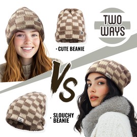 Clape Womens Cute Slouchy Beanies Hats, Winter Warm Chunky Checkered Beanie Large Cuff Knitted Hat Ski Cap for Cold Weather