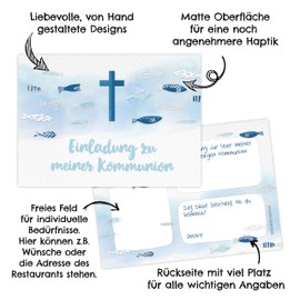 Papierdrachen 12 Communion Invitation Cards – Fish Motif – Invitation to Holy Communion for Girls and Boys – High Quality Printed in DIN A6 – Set 4