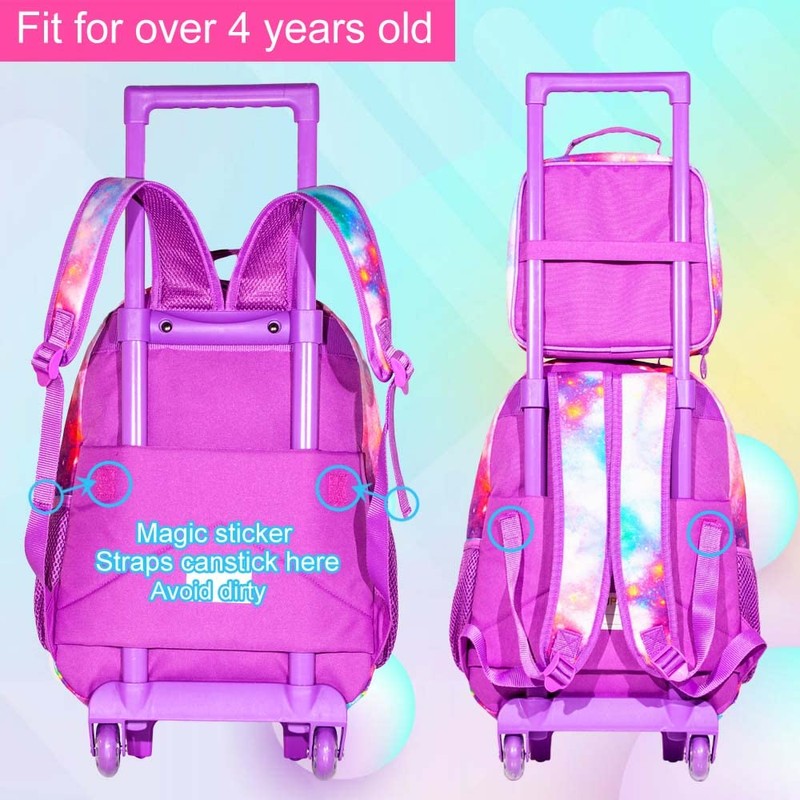 FTJCF 3Pcs Rolling Backpack for Girls, Kids Unicorn Roller Bookbag