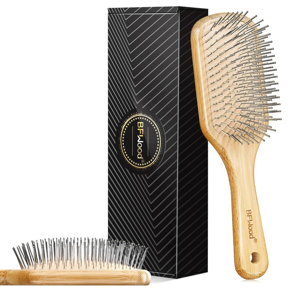 BFWood Bamboo Hair Brush with Steel Bristles, Help Hair Growth