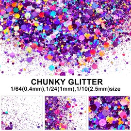 Grape - Light Purple - Craft Glitter - 2oz Glitter Shaker Bright Colorful Holographic Mix Chunky Body Glitter Bulk Wholesale 24 Colors in Shaker Cosmetic Glitter - EBLB802