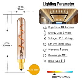 4 Pack T20(T6) Vintage LED Spiral Filament Bulb, Dimmable E12 Candelabra Base, 3W 2200K Warm White 300LM Amber Glass Tubular Edison Light Bulbs, 30Watt Equivalent, Filament Decorative Bulb for Home