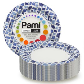 PAMI Heavy Duty Microwave Safe Disposable Paper Plates Large and Medium Sizes Oil Water & Cut Resistant Dinnerware for Hot Cold Food (10 Inch Plate 50 Blue)