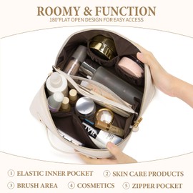 Viverte Travel Makeup Bag Large Capacity Cosmetic Bag for Women PU Leather Checkered Open Flat Toiletry Bag Make Up Organizer Bags with Handle and Divider (Beige)