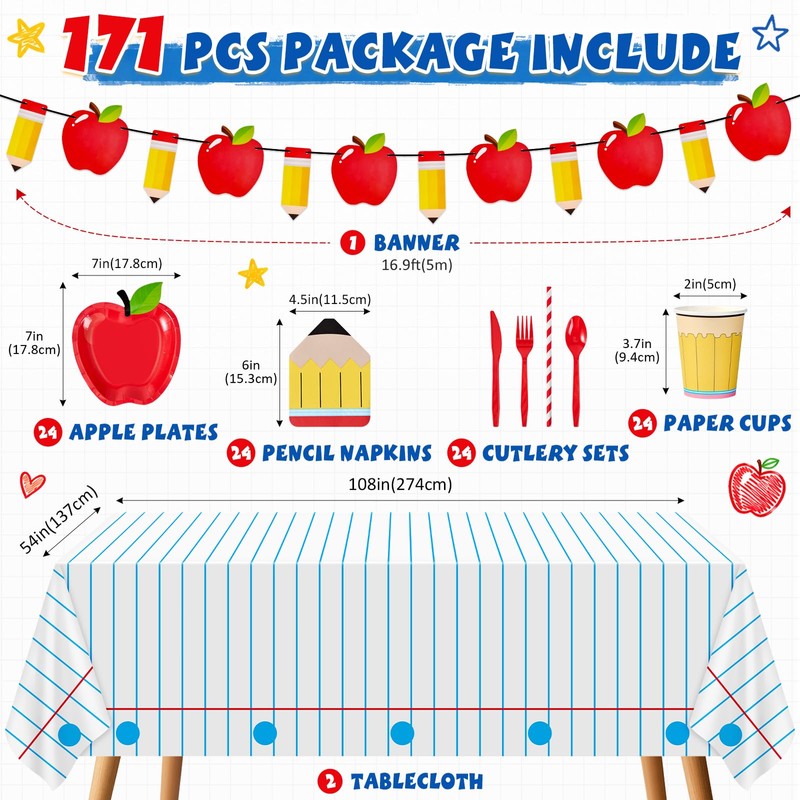 ComfyKit 171PCS Back to School Party Supplies,School Tableware Set