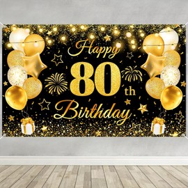 80th Birthday Banner 80th Birthday Backdrop 80th Birthday Decorations for Men Black and Gold 80th Birthday Decorations 80th Birthday Party Supplies