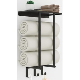 Towel Racks for Bathroom, Bathroom Towel Rack Wall Mounted with Metal Shelf and 3 Hooks for Small Bathroom, Black