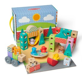 Melissa & Doug Blockables™ Town Snap and Play, mezcla y combina bloques de construcción de madera conectables, juguete para niños y niñas en edad preescolar (73 piezas)