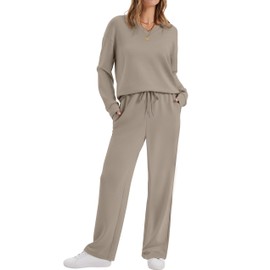 WIHOLL 2 Piece Sets for Women Airport Travel Outfits Lounge Sets for Women Wide Led Pants Matching Set Womens Fall Fashion 2025 Vacation Clothes Comfy Sweatsuits Two Piece Fall Outfits Taupe L