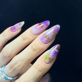 Redykat 24PCS Glossy Almond Press On Nails, Salon Quality Nail art, Floral Long Acrylic Fake Nails, False Nails, Home Quick Manicure……… (Lotus)