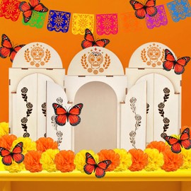 Day of The Dead Ofrenda Altar Kit – Dia de Los Muertos Shadow Box with Marigold Flowers, Monarch Butterflies, Papel Picado Banners – DIY Memorial Altar Set for Remembrance & Celebration