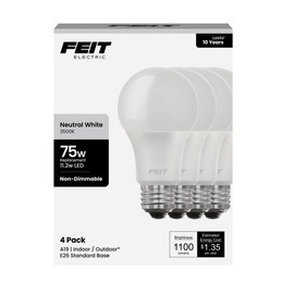 Feit Electric A19 LED Light Bulb, 75W Equivalent, 1100 Lumens, 3500K Neutral White, Non-Dimmable, E26 Base, Indoor/Outdoor, General Purpose LED Bulbs, 11,000-Hour Lifespan, A1100/835/10KLED/4, 4 Pack