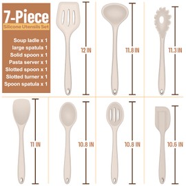 E-far Silicone Cooking Utensils Set, 7-Piece Khaki Heat Resistant Kitchen Utensils Set, Kitchen Nonstick Tools Spatula Ladle Spoon Pasta Server for Non-stick Cookware, Non-Toxic & Dishwasher safe