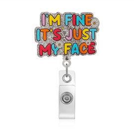 Funny Glitter Nurse Badge Reel I'm Fine It's Just My Face Cute ID Card Badge Holder Retractable Rotating Alligator Clip for Nurse Nursing Student Doctor Teacher Worker