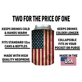 Rogue River Tactical Rustic USA Flag Collapsible Beer Can Bottle Beverage Cooler Sleeves 2 Pack Gift Set