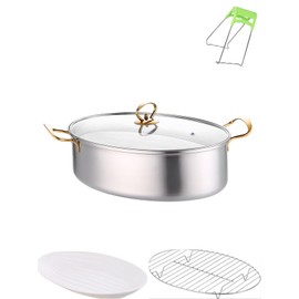 TAOCIGOU Stainless Steel Fish Steamer Set, Large Oval Steamer Pot Cooker with Glass Lid, Multi-Use Steamer Cookware for Fish Soup Chicken Cooking (Gold)